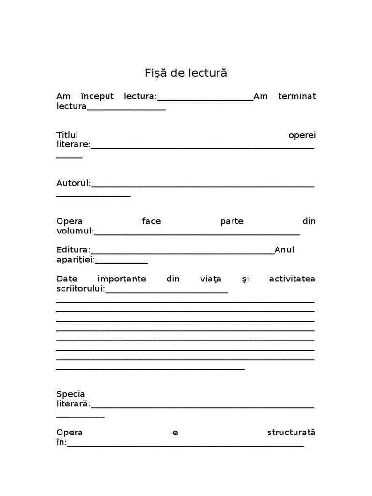 Model Fisa De Lectura Clasa A 4 A Fişă de Lectură | PDF