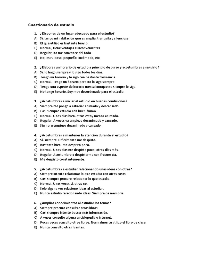 Cuestionario para mejorar hábitos de estudio | PDF | Crecimiento ...
