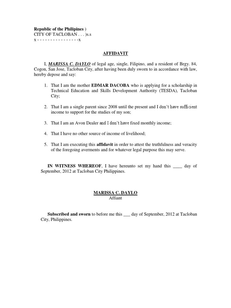 Affidavit of Tax Exemption (Single Parent) Affidavit Comparative Law