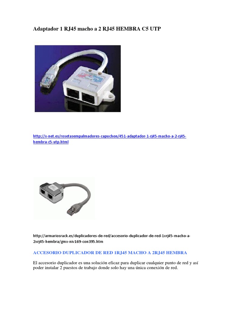 Adaptador 1 Rj45 Macho A 2 Rj45 Hembra c5 Utp, PDF