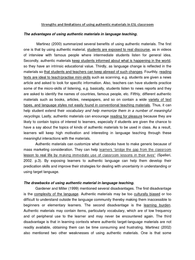 Strengths and Limitations of Using Authentic Materials in ESL Classroom ...