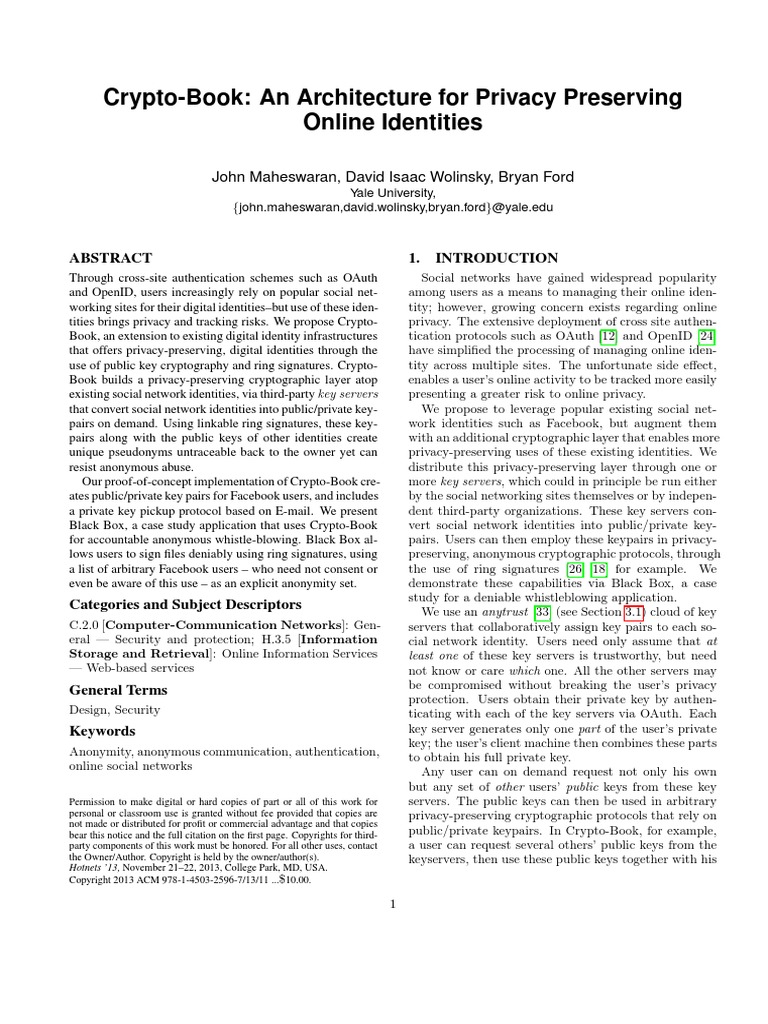 Crypto-Book: An Architecture For Privacy Preserving Online Identities ...