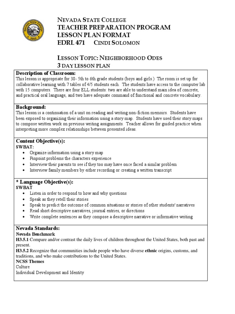 SIOP Lesson Plan - Neighborhood Odes  PDF  Narrative  Lesson Plan