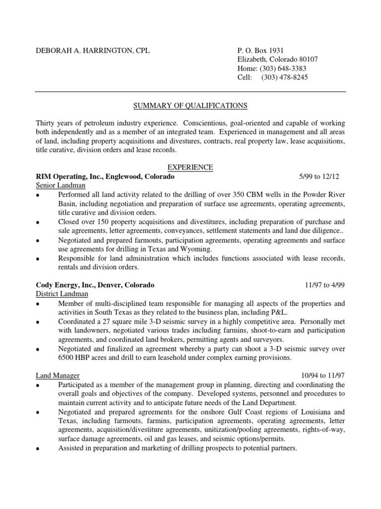 Lease Records Analyst Landman in Denver CO Resume Deborah Harrington