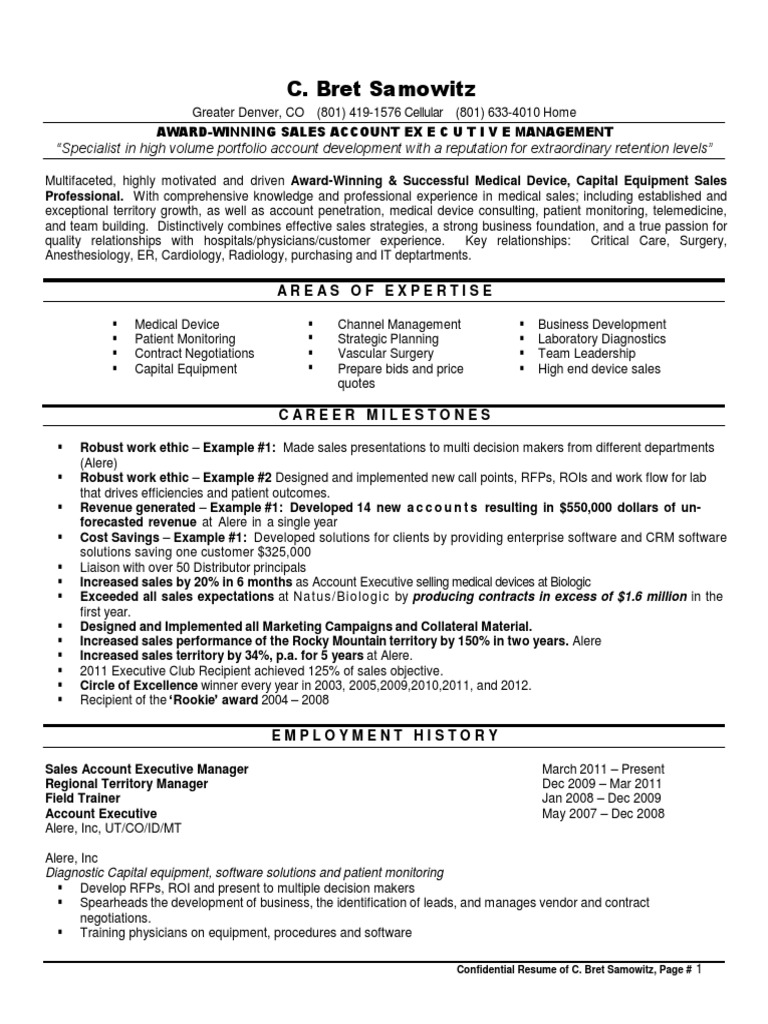 medical device sales career planning resume denver