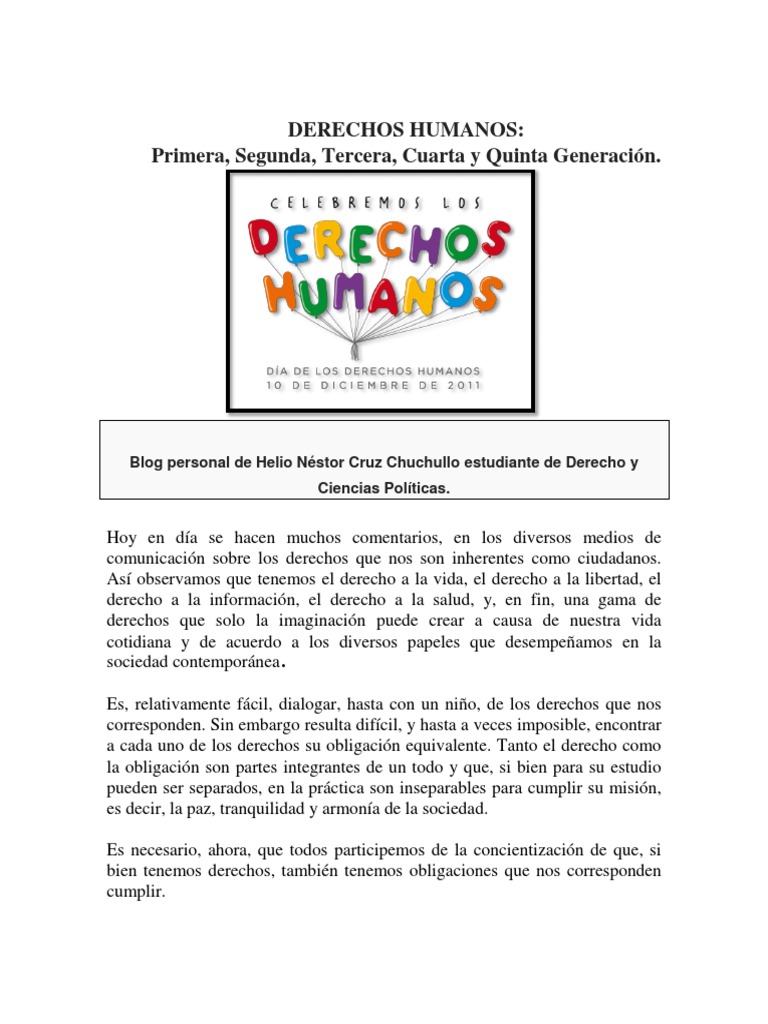 DERECHOS HUMANOS DE PRIMERA, SEGUNDA, TERCERA, CUARTA