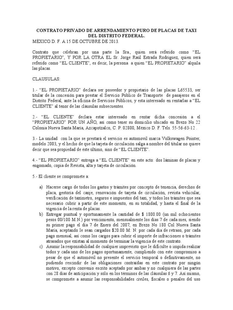 Contrato de Placas Taxi Bueno Taxicab Property