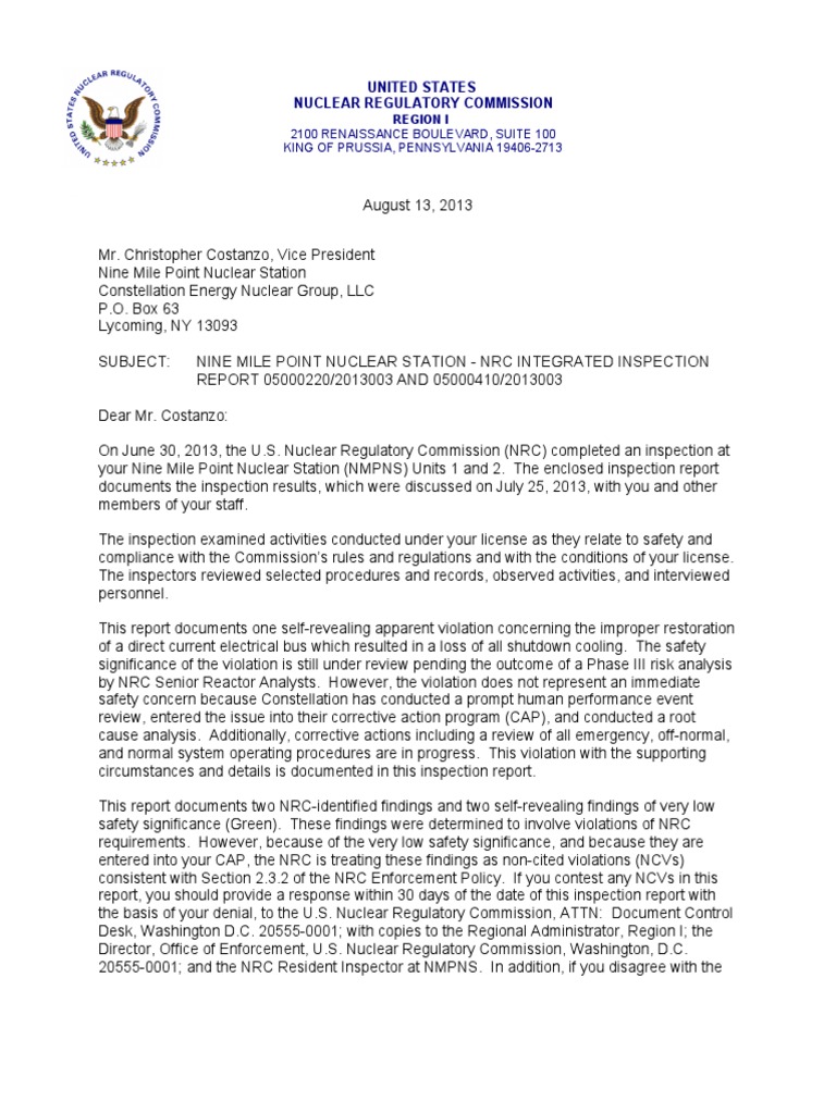 NRC Inspection Report for Nine Mile Point | PDF | Nuclear Regulatory ...