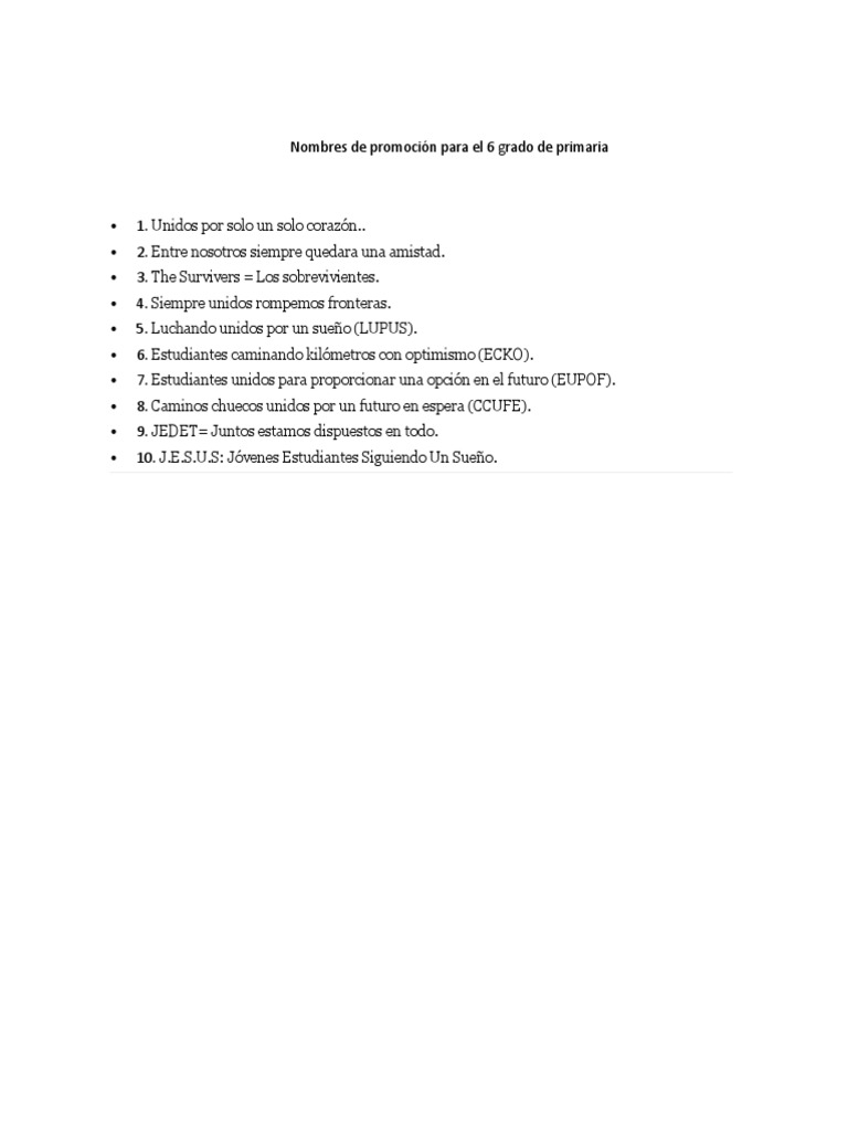 Nombres de promoción para el 6 grado de primaria