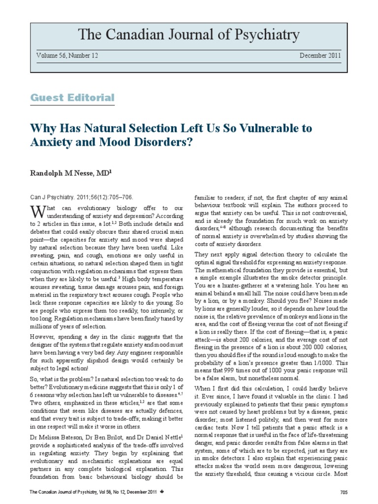 The Canadian Journal of Psychiatry Why Has Natural Selection Left Us So Vulnerable to Anxiety