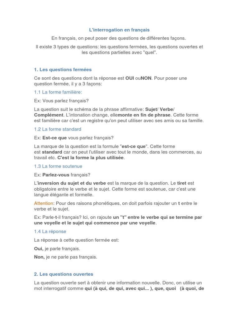 Poser Des Questions Pdf Question Langues