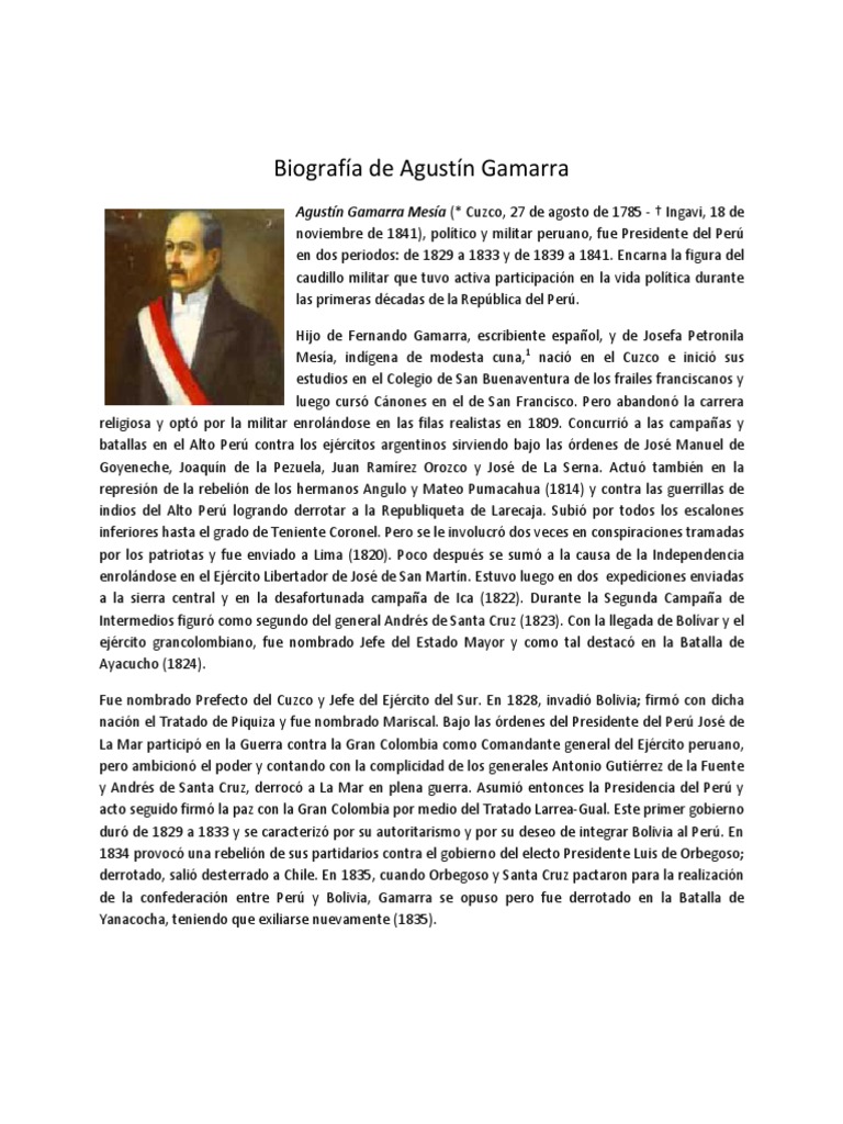 Biografía de Agustín Gamarra Perú América del Sur