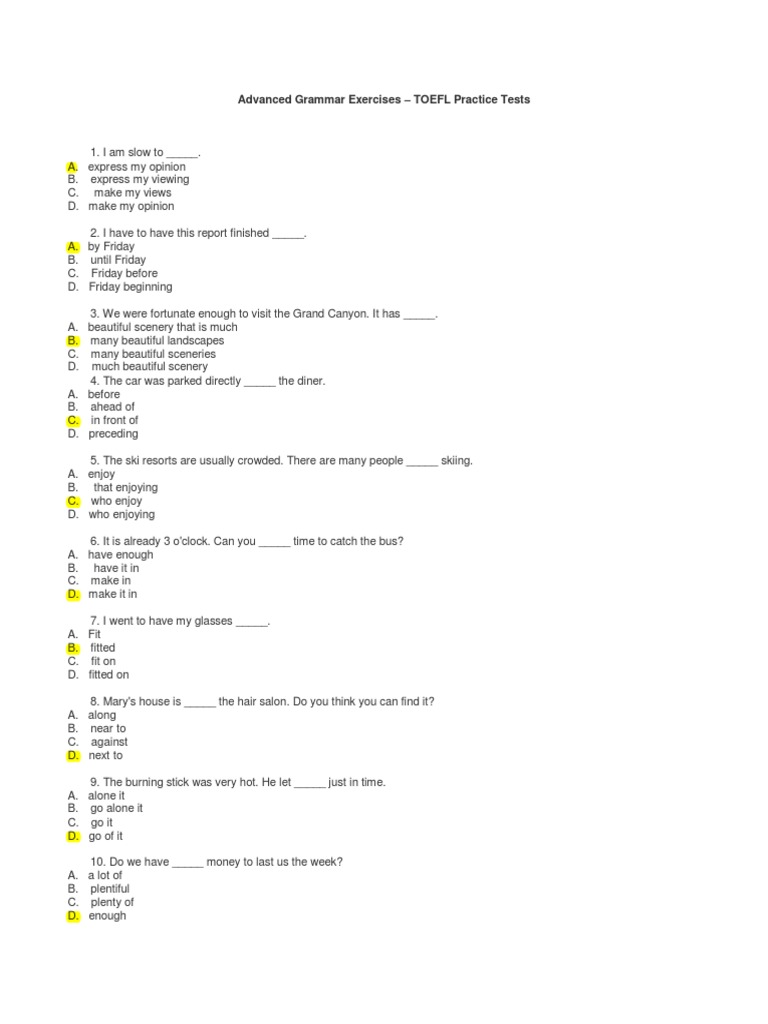 Advanced Grammar Exercises | Leisure