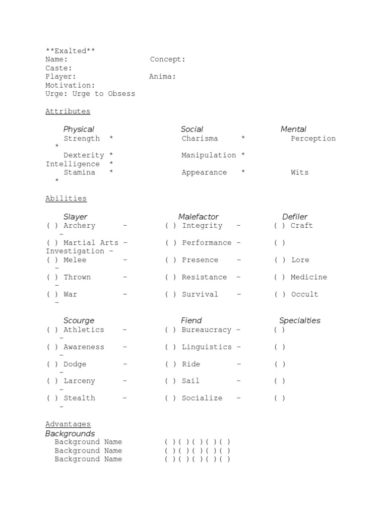 Exalted RPG Character Sheet Template | PDF