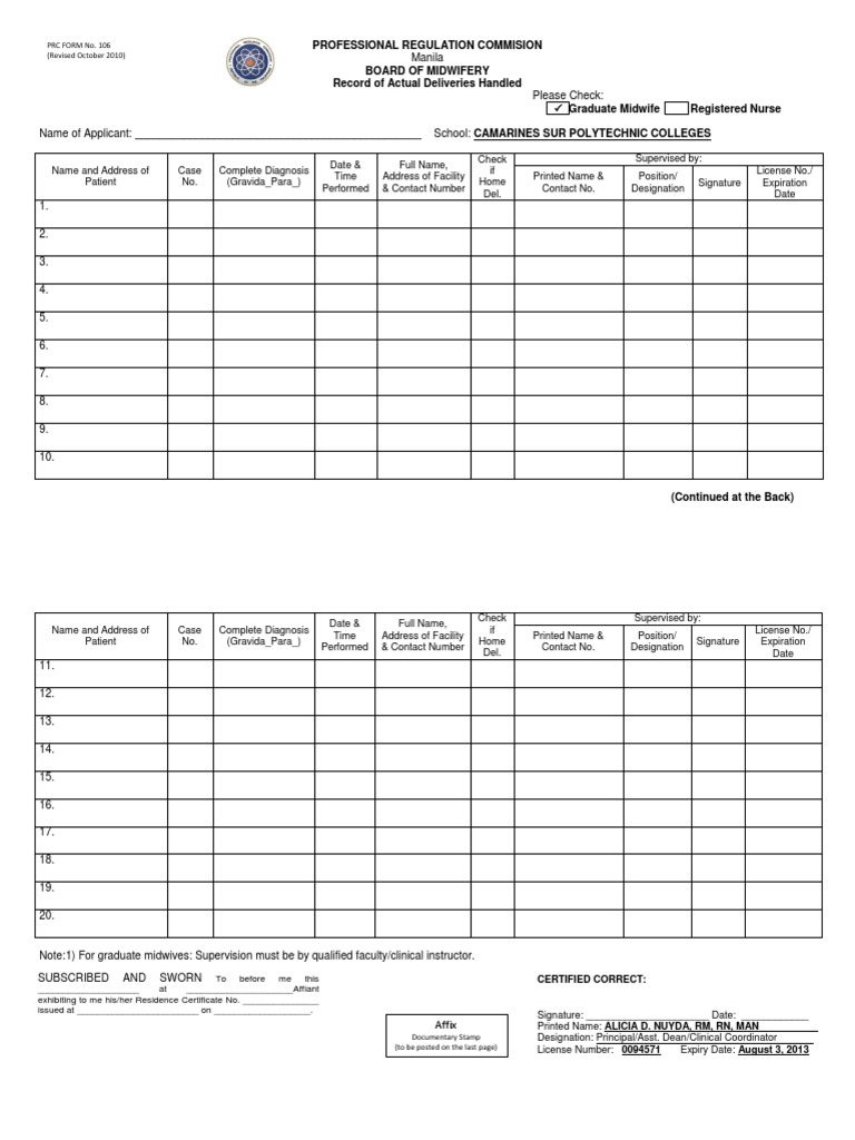 PRC Case Form Midwifery NEW | PDF | Midwife | Midwifery