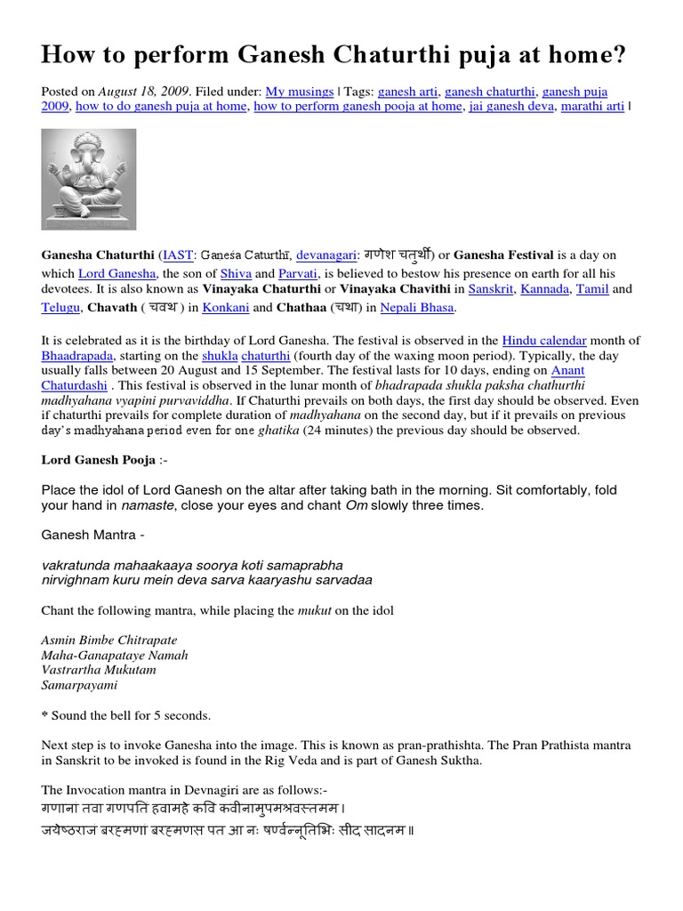 Ganesh Chaturthi Puja Guide at Home | PDF | Hindu Worship | Indian ...