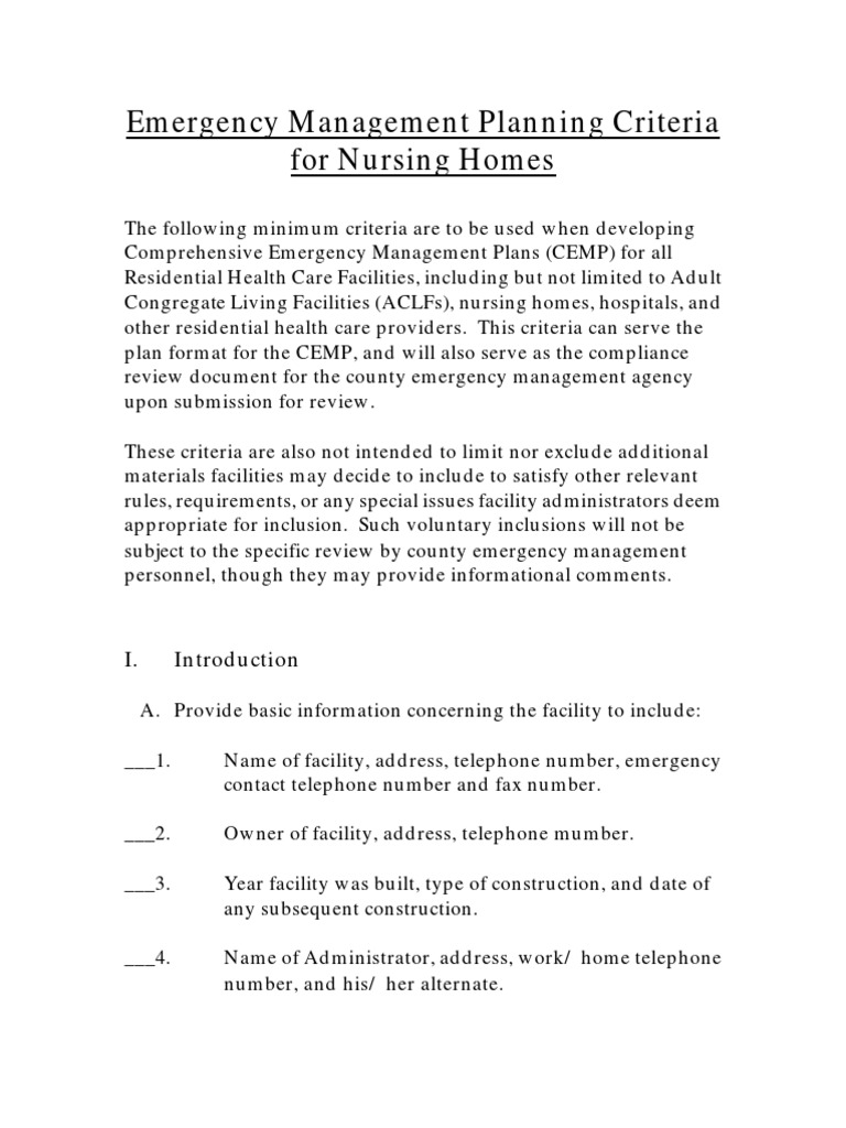 Emergency Management Planning Criteria For Nursing Homes PDF