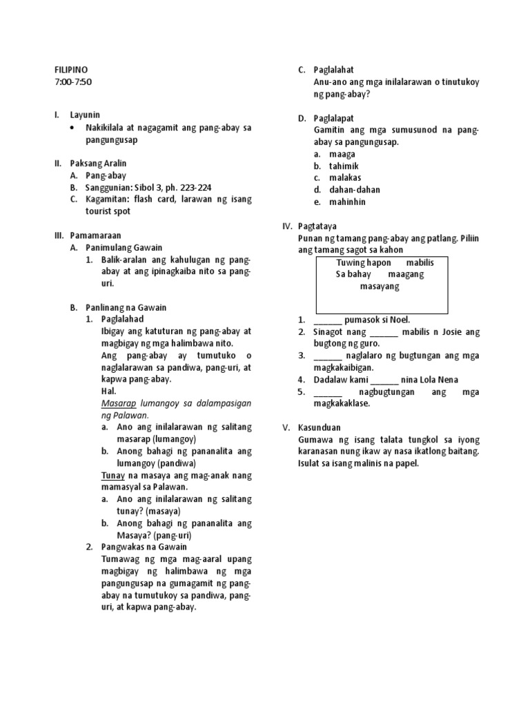 Lesson Plan In Filipino Grade 4 Pang Abay Lesson Plan Pang Uring