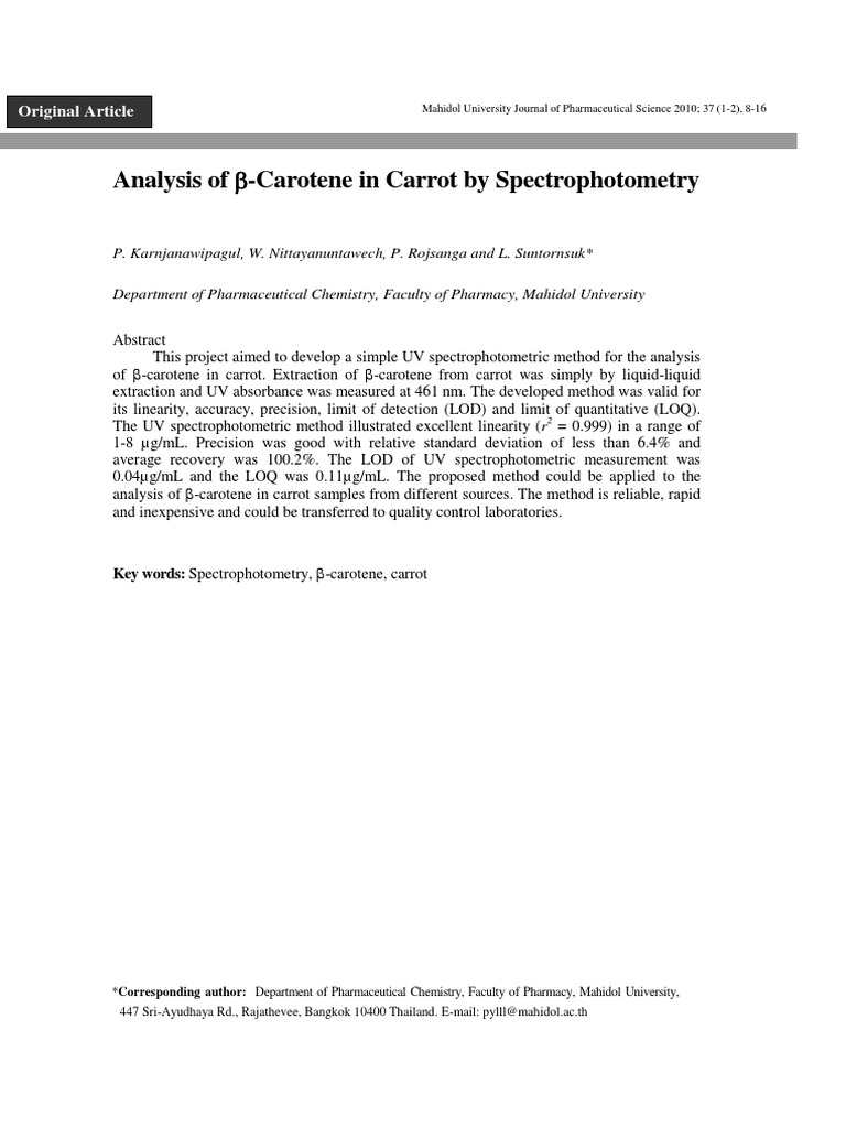 Beta Carotene Extraction PDF Spectrophotometry High Performance