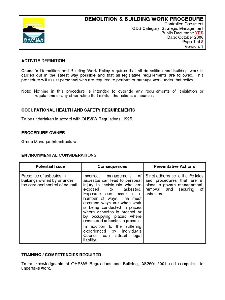 Demolition and Building Work Procedure | PDF