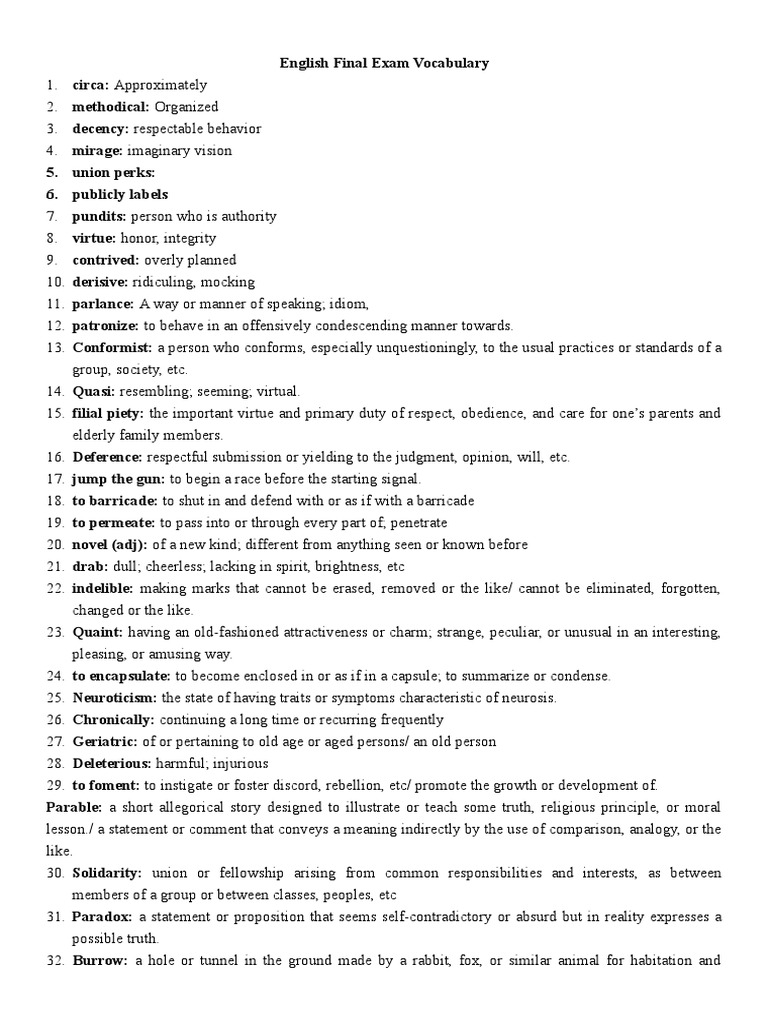 Final Exam Vocab PDF Languages