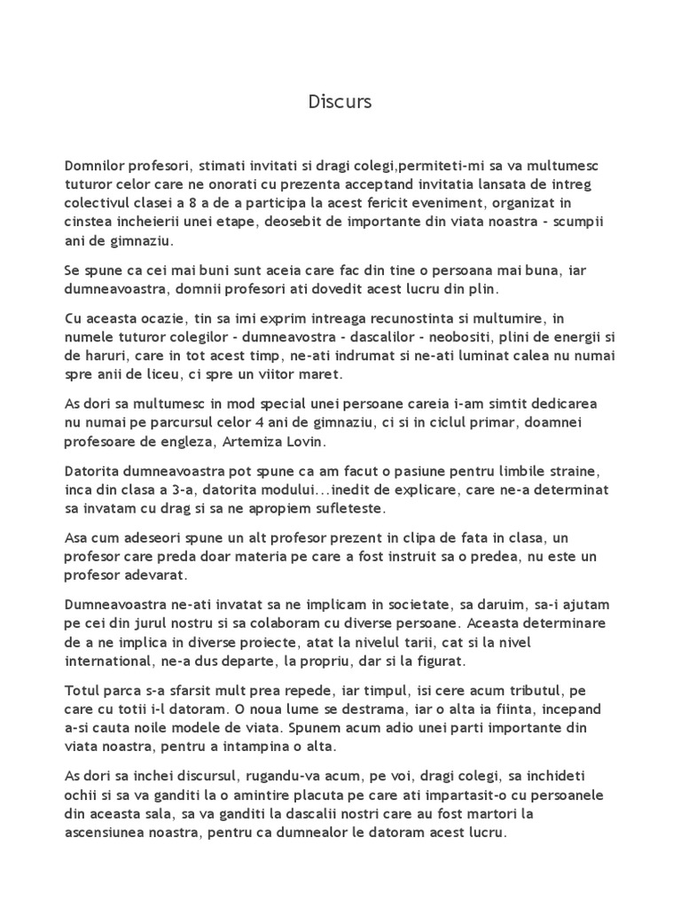 Discurs De Sfarsit De Clasa A 8 A
