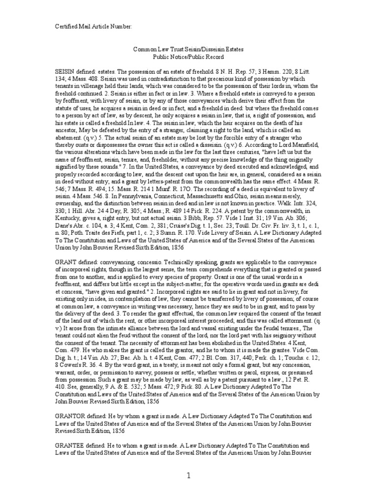 Common Law Trust Seisin, Disseisin, Estates Public Notice/Public Record