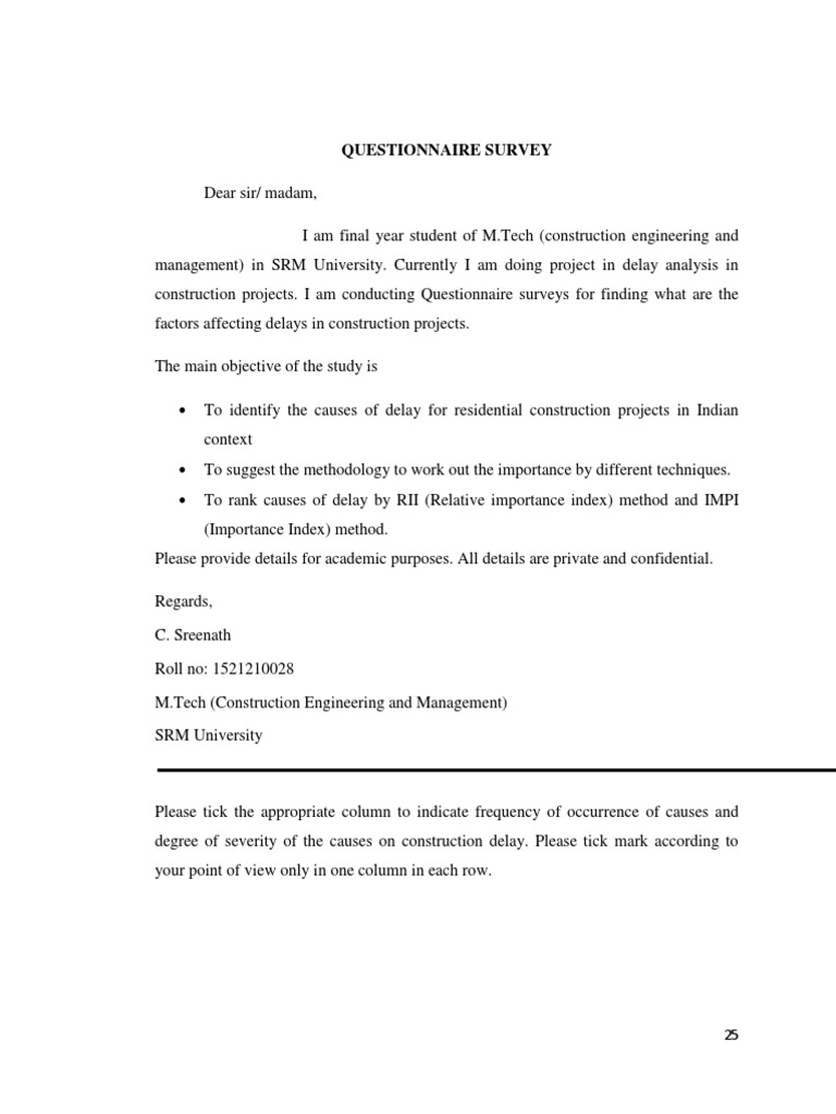 Construction Delay Survey Questionnaire | PDF