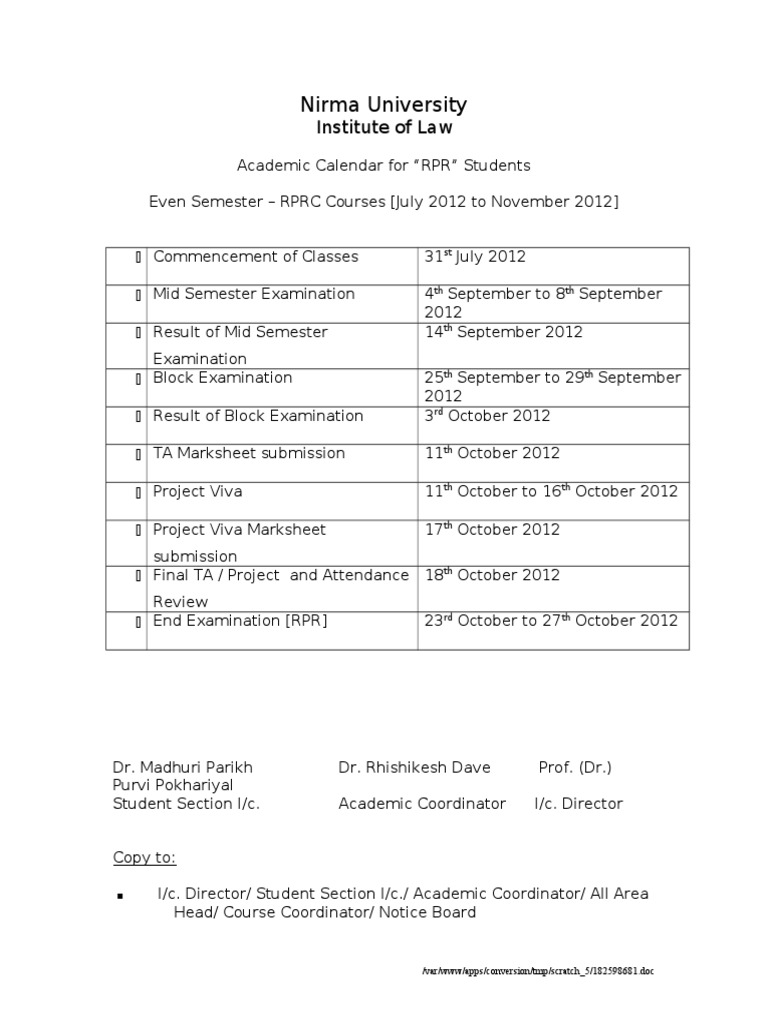 Academic Calender NT Students 2012 PDF