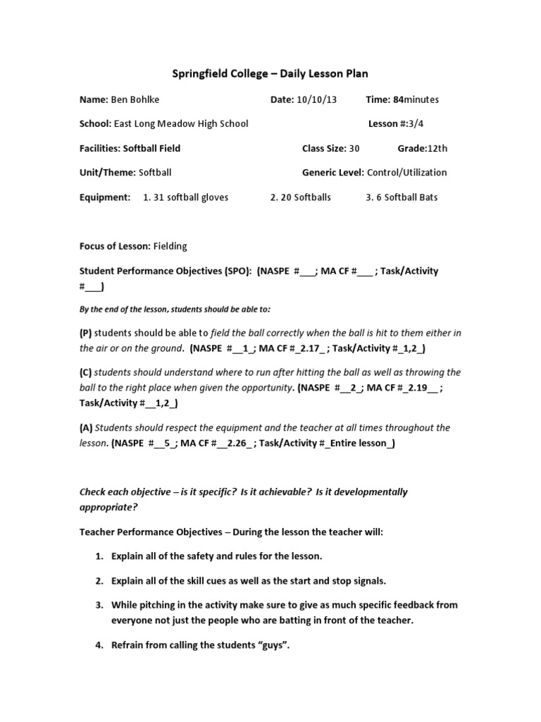 Softball Fielding Lesson Plan Guide | PDF | Softball | Batting (Baseball)