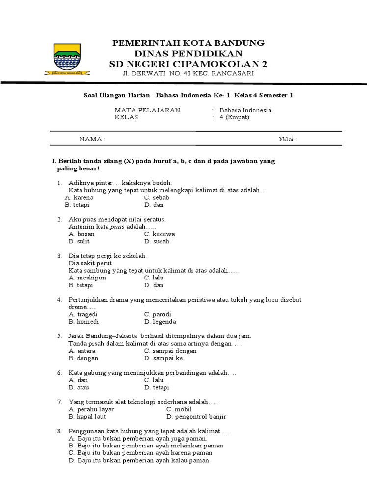 Soal Ulangan Harian Bahasa Indonesia Ke 1 Kelas 4 Semester 1 Doc