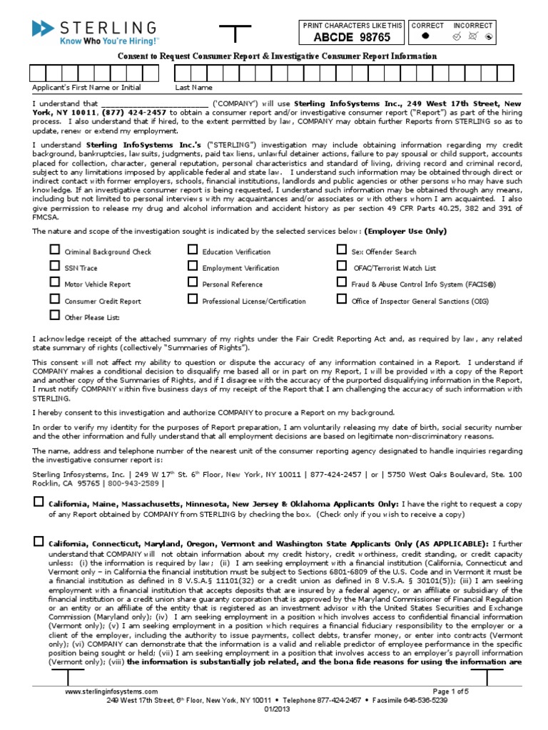 2013 Sterling Consent Form Credit Bureau Credit Score