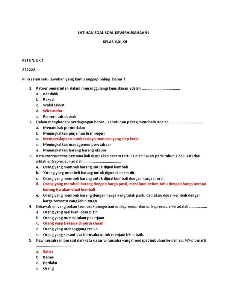 Latihan Soal Soal Kewirausahaan I Docx