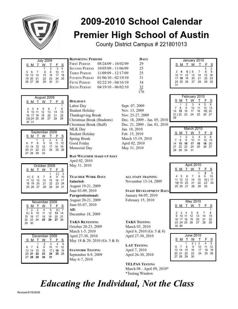 20092010 School Calendar Premier High School of Austin Educating The