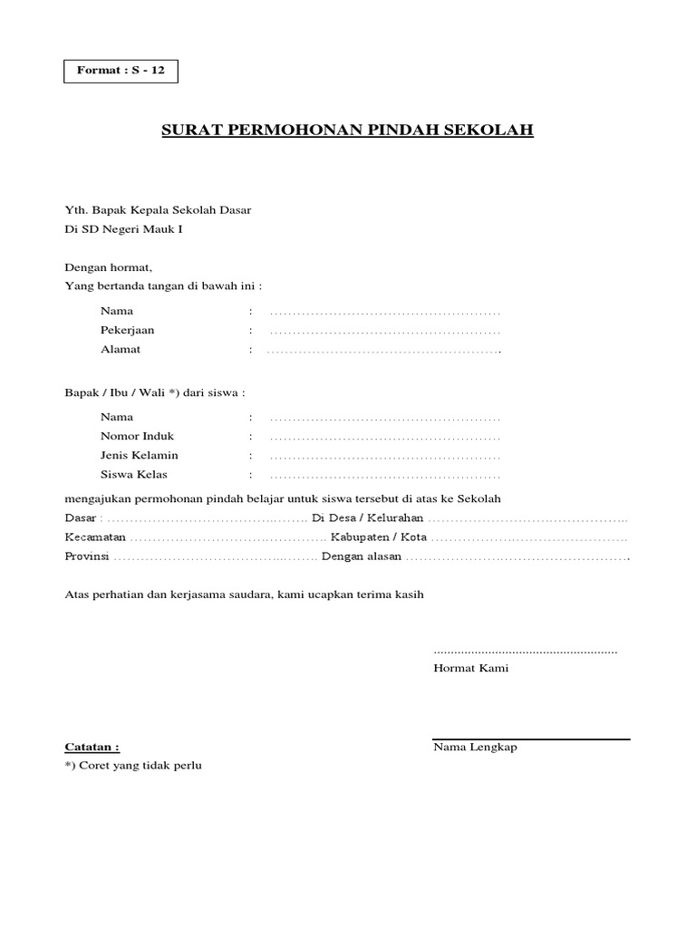 Surat Mohon Pindah Sekolah