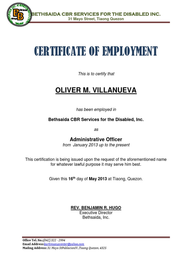 Certificate Of Employment Sample docx