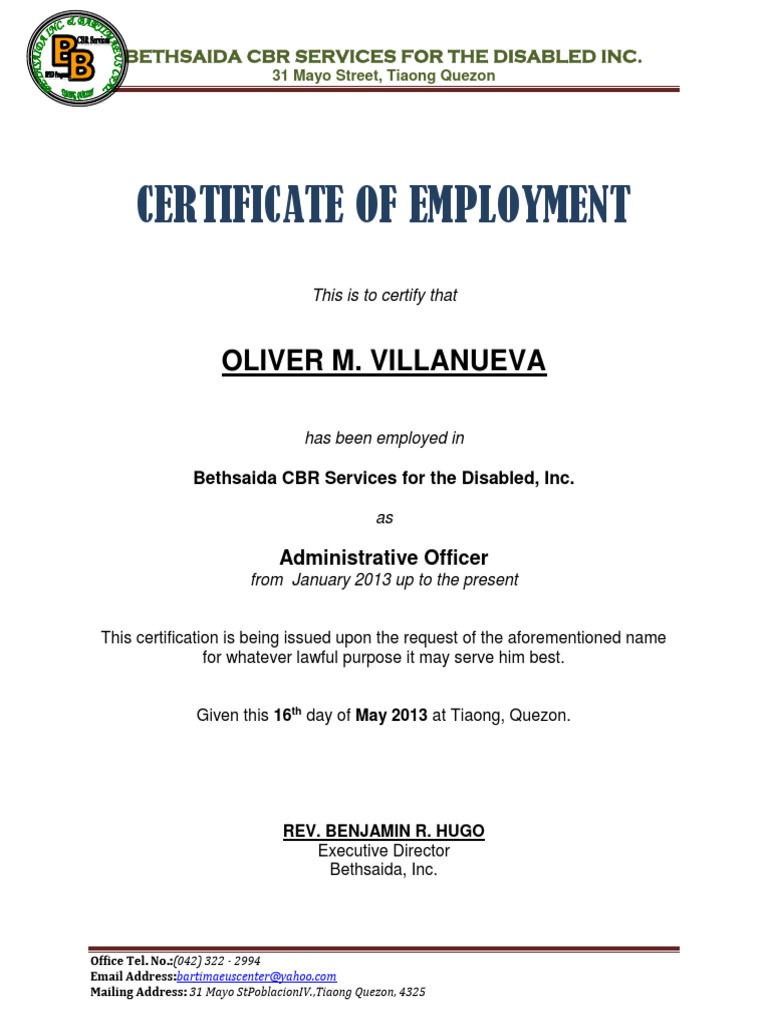 GVL Certificate Of Employment Sample Docx PDF Download