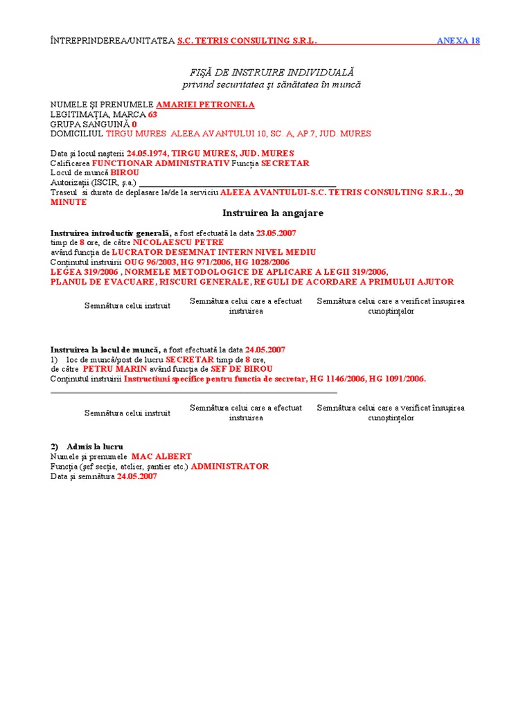 Exemplu Completare Fisa Individuala Ssm Doc