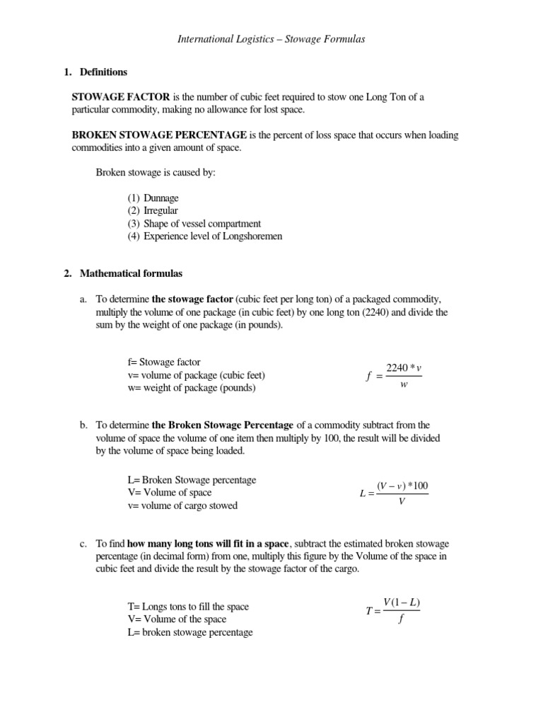 Assign6 Stowage Problem Formula Sheet.pdf | Tonnage | Volume