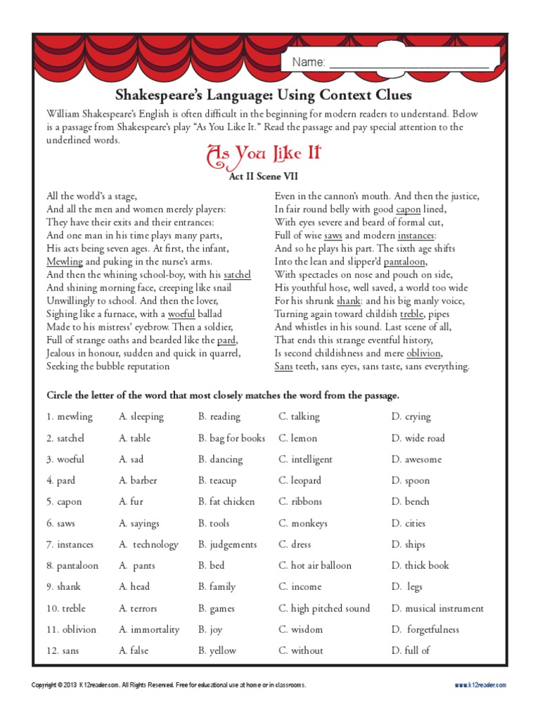 Context Clues - Shakespeare | PDF | Theatre | William Shakespeare for Free Printable Context Clues Worksheets