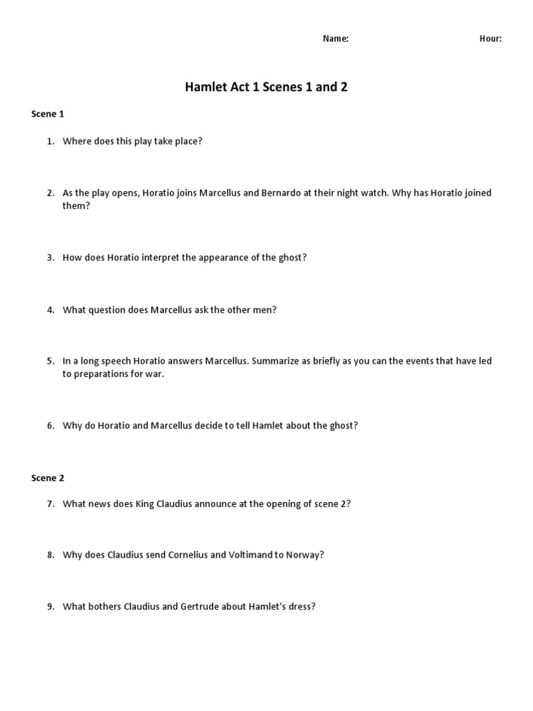 Hamlet Act 1 Scene 1 And 2 Questions | Pdf | Hamlet | Shakespearean  Characters