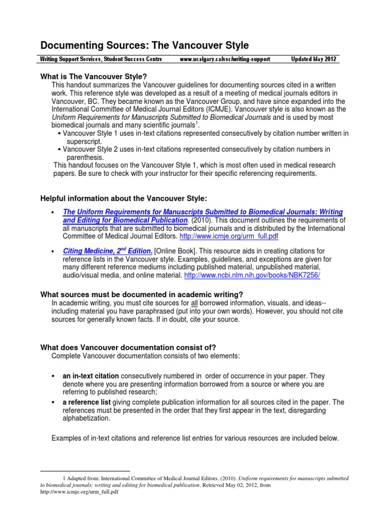 BMJ Vancouver Style May 2012 Citation Writing