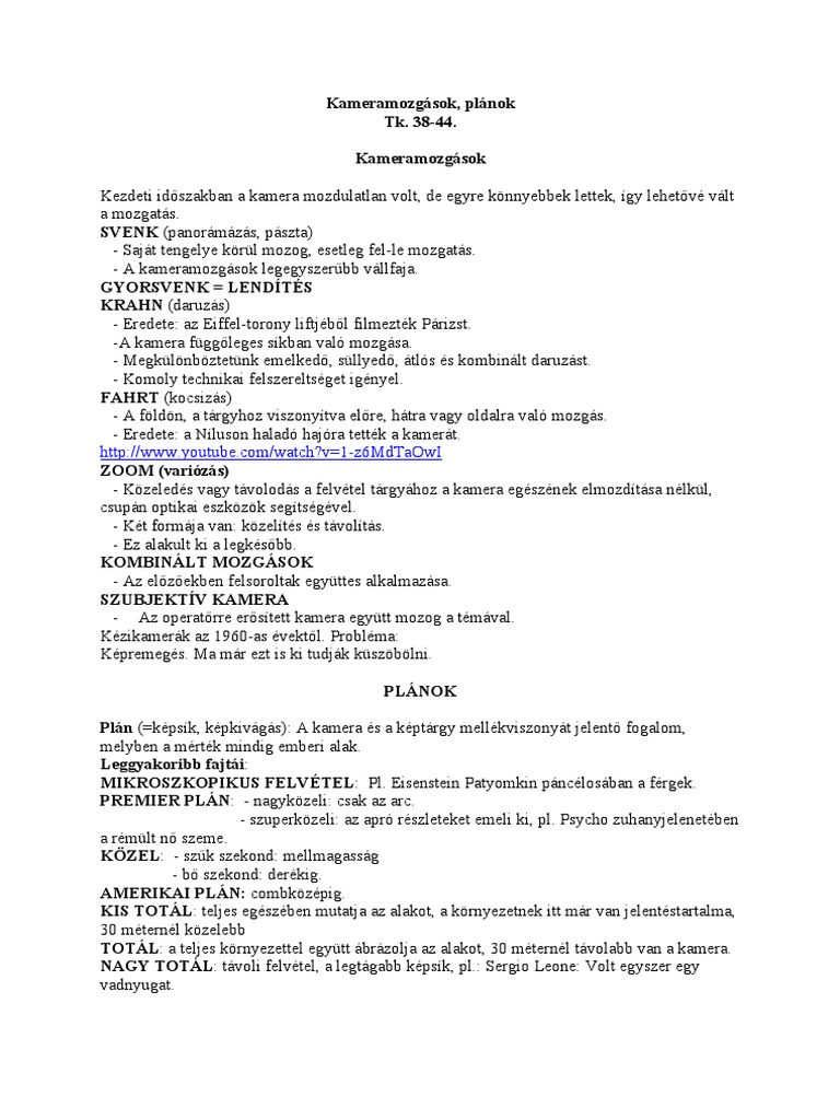 A) Kameramozgások, Plánok | PDF