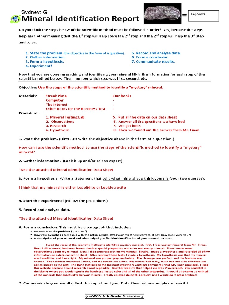 ID Mineral Scientific Method Lab Report  Scientific Method  Minerals