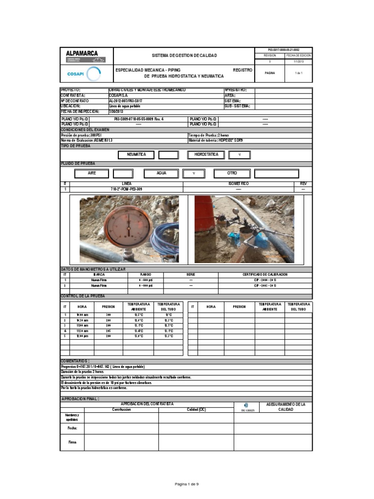 Registro de Prueba Hidrostatica