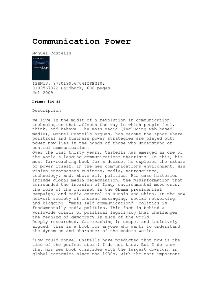 Communication Power by Manuel Castells | PDF | Social Science | Mass Media