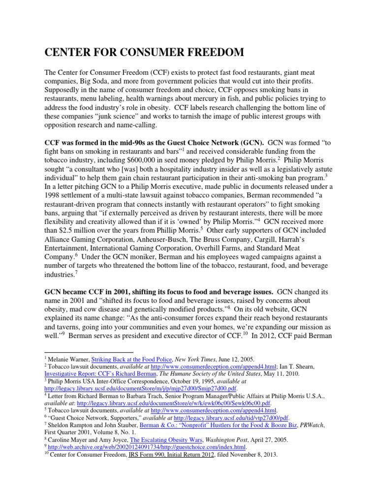 Center For Consumer Freedom Pdf Business