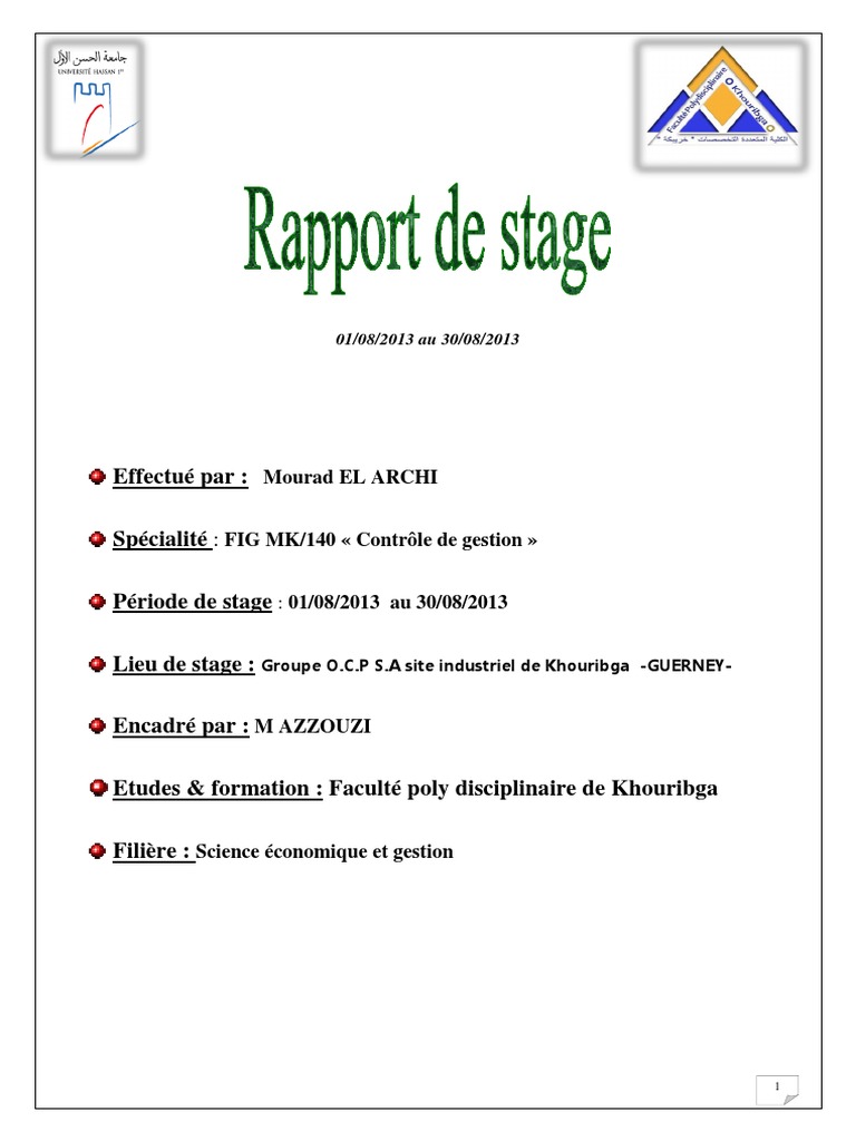 Rapport De Stage Ocp Service Controle De Gestion