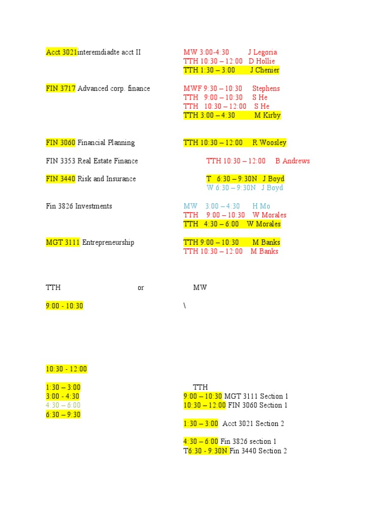 Course Schedule for Finance and Accounting | PDF