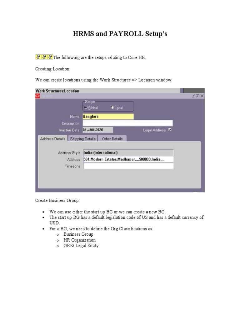 Oracle Hrms and Payroll Setup | PDF